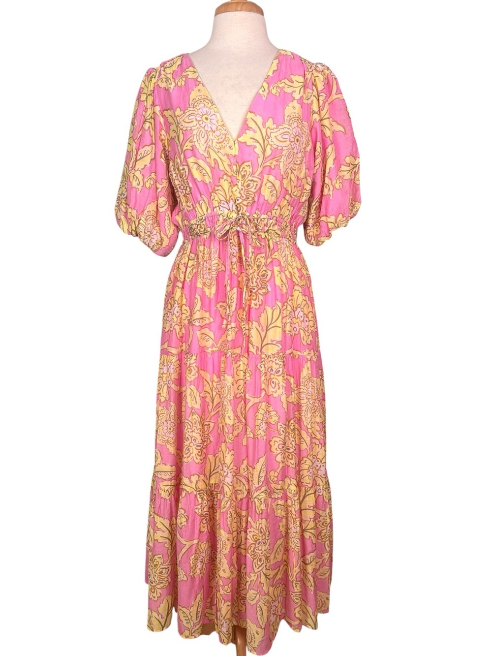 Revolve Mink Pink Laurelle Floral Midi Dress Size Large Pink Yellow Boho Indie